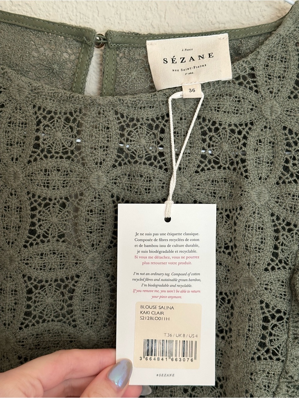 NWT Sézane Salina Lace Blouse Sage Green Size 36 - Picture 2 of 6